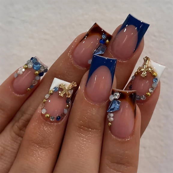 RAGUPEL Punk Press on False Nails Short Square Fake Nails Fall Cheetah Glue Ons Blue White French Tip Acrylic Nails with Cross Charm 24Pcs Gothic Squoval Full Cover Handmade Supplies