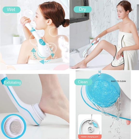 RAGUPEL Rechargeable Body Back Brush,Body Bath Scrubber,Scrub Washer for Shower,Electric Spin Scrubber Brush Spa Exfoliating Kit with Long Handle for Women Men with 5 Attachment (Blue)