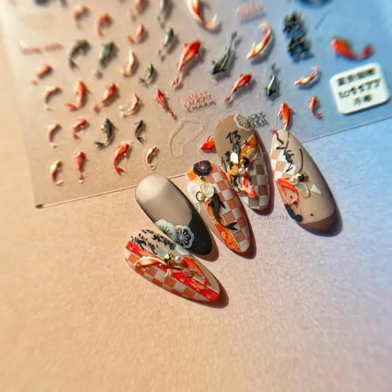 RAGUPEL Red Koi Fish Nail Art Sticker Decals Lucky Goldfish 5D Embossed ...