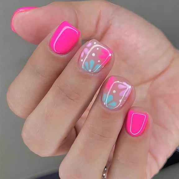 RAGUPEL Rose Pink Press on Nails Short Square Petite Fake Nails Full Cover Floral False Nails with Designs Glossy Glue on Nails Spring Summer Acrylic Nails Artificial Nails for Women Girls 24Pcs