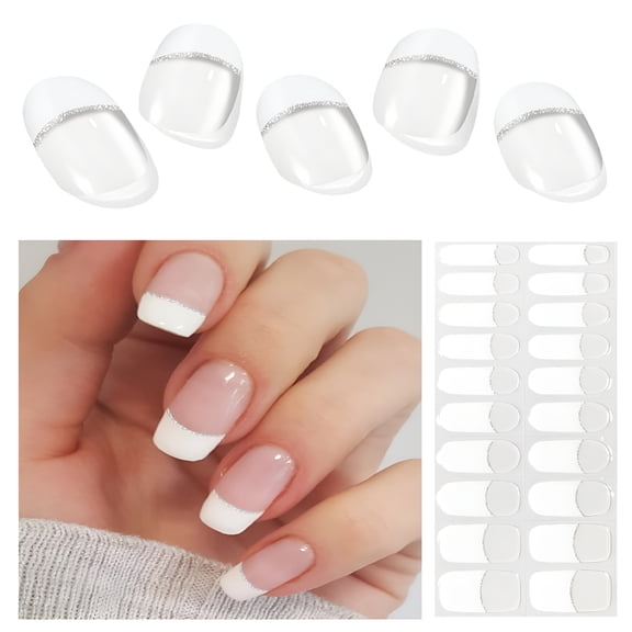 RAGUPEL Semi Cured Gel Nail Strips (A White French Tip),Clear Base,20 Pcs Gel Nail Wraps,Stickers,Uv Light Required,Long Lasting