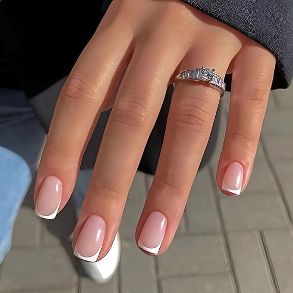 RAGUPEL Short French Tip Press on Nails Square Shape Fake Nails French White Nails Full Cover Glue on Nails for Women Glossy Nude Pink Stick on Nails Static Nails for Manicure Decorations, 24pcs