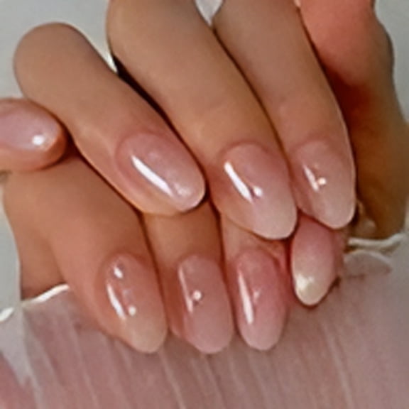 RAGUPEL Short Nude Nails Tips Gradient False Nails Almond Press on Nails Cute Glitter Fake Nails for Women and Girls 24PCS