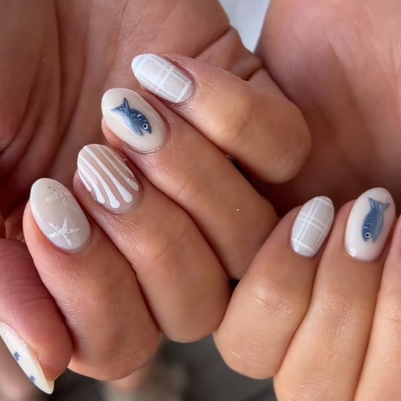 RAGUPEL Short Oval Press on Nails Cute Summer Fake Nails, Blue Fish & Starfish & Plaid Designs, Glossy Acrylic False Nails for Women, Reusable Stick on Nails for Summer