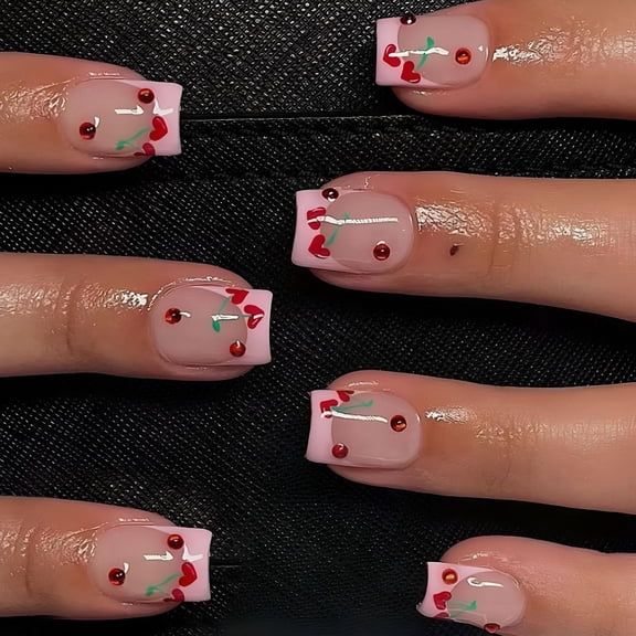 RAGUPEL Short Press on Nails Square French Fake Nails Pink Press on Nail with Rhinestone Designs Cute Cherry False Nails Glossy Full Cover Stick on Nails for Women Girls 24 Pcs Spring Summer Nails
