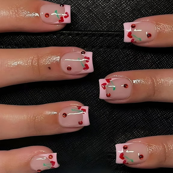 RAGUPEL Short Press on Nails Square French Fake Nails Pink Press on Nail with Rhinestone Designs Cute Cherry False Nails Glossy Full Cover Stick on Nails for Women Girls 24 Pcs Spring Summer Nails