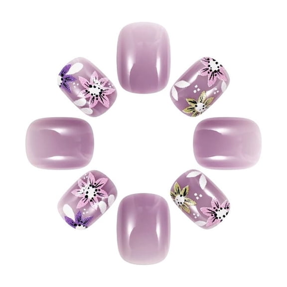 RAGUPEL Short Press on Nails Summer Palm Tree Fake Nails Square Acrylic Nails Press Ons Glossy Blue Pink Glue on Nails with Twilight Beach Designs Stick on Nails Summer False Nails