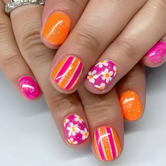 RAGUPEL Short Press on Nails Summer Palm Tree Fake Nails Square Acrylic Nails Press Ons Glossy Blue Pink Glue on Nails with Twilight Beach Designs Stick on Nails Summer False Nails for Women 24Pcs