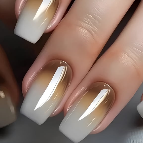 RAGUPEL Short Press On Nails Mocha Veil, 30 Pcs Medium Square Fake Nails, Mocha Brown Gradient Reusable Manicure for Party, Wedding, Date Night