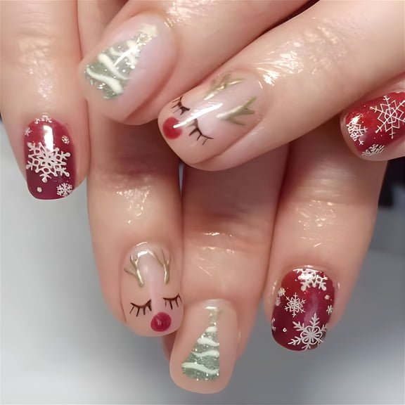 RAGUPEL Short Square Christmas Tree Press on Nail Full Coverage Stick on Nail Acrylic Nail for Women And Girls Holiday Press on Nails Short 24Pcs