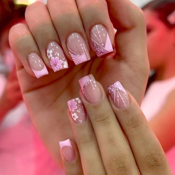 RAGUPEL Short Square Press On Nails, Pink French Tip Cherry Blossom Design, Nude Pink False Nails with Line Art, Spring Manicure Stick On Tips for Women, 24 Pieces