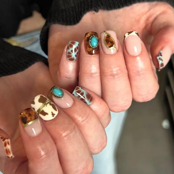RAGUPEL Short Square Press on Nails Western Cow Print Tortoise Shell False Nails with Turquoise Rhinestones Stick on Artificial Acrylic Manicure for Women Diy Manicure and Party 24Pcs