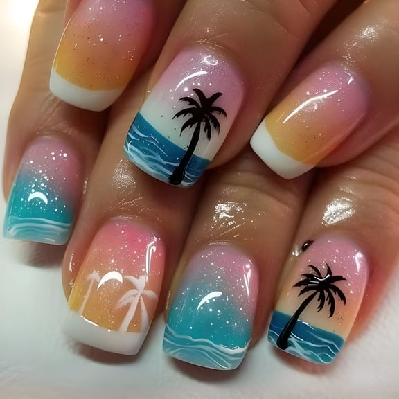 RAGUPEL Short Square Press On Nails, Summer Sea Coconut Tree