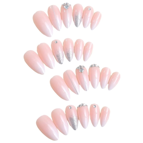 RAGUPEL Silver Glitter Press on Nails French Tip Fake Nails Medium Almond False Nail with Rhinestone Design Nude Glossy Artificial Acrylic Full Cover Diamond Glue on Nail for Women Manicure 24Pcs