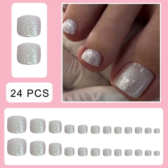 RAGUPEL Silver Glitter Press on Toe Nails Short Square Fake Toe Nails Solid Color Toe Nail Tips Sparkling Silver False Toenails Glossy Summer Acrylic Toe Nails Decorations for Women Girls 24Pcs