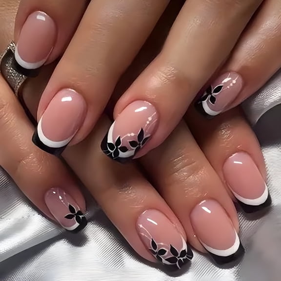 RAGUPEL Simple Floral Press-On Nails - 24PCS Short Square, Non-Toxic Reusable, Delicate Blossom Design