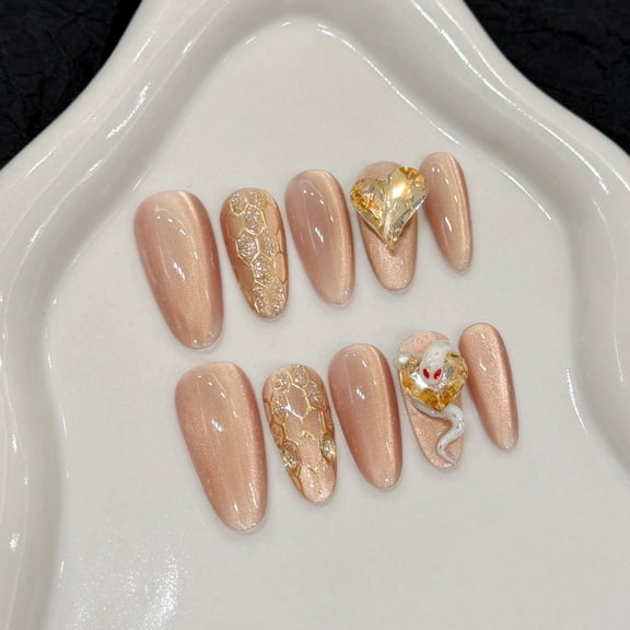 RAGUPEL Smart Secret Realm Spring and Summer Ice Penetrating Pink Cat'S Eye Fake Nails Purely Handmade Wear Nail Nails Press Ons