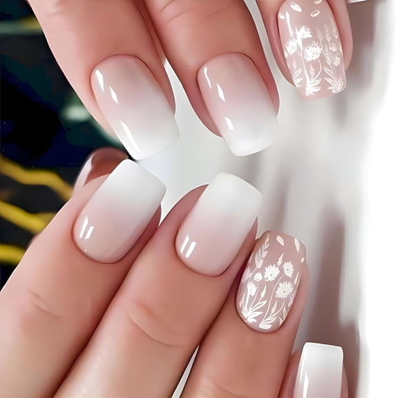 RAGUPEL Spring Nail Press ons White Press on Nails Medium Square Fake Nails with Glue Nude Ombre Acrylic False Nails with Glossy Artificial Fake Fingernails Stick on Nails for Women Medium