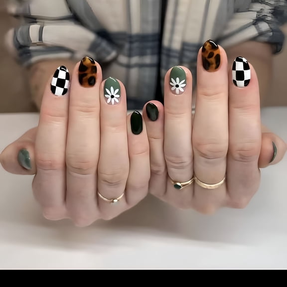 RAGUPEL Spring Press on Nails Medium Oval Fake Nails Tortoiseshell False Nails Press Ons with Flower,Checkered Design,Reusable Artificial Nail Full Cover Stick on Nails for Women 24Pcs