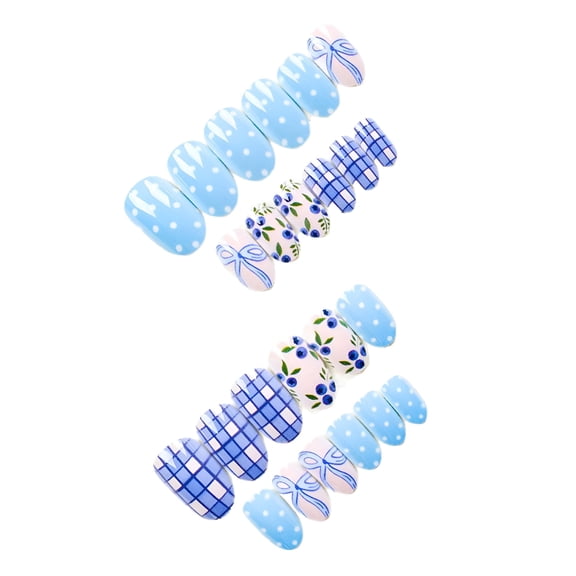 RAGUPEL Spring Press on Nails Short Almond Fake Nails with Blue Bow Designs Polka Dot Nails Press Ons Blueberry Checkered Glue on Nails Glossy Full Cover False Nails for Women Manicure