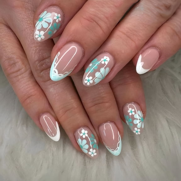 RAGUPEL Spring Press on Nails Short Almond Fake Nails French Tip False Nails with Blue Flower Designs Acrylic Nail Press Ons Full Cover Stick on Nail Glossy Glue on Nails for Women Manicure