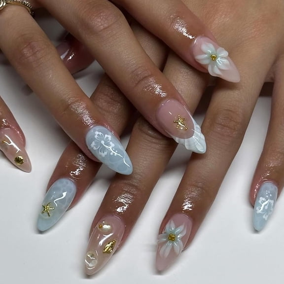 RAGUPEL Spring Summer Blue 3D Star Flower Press Nails Medium Almond Shape Ocean Shell French Tip Acrylic Fake Nails Salon Quality Reusable Floral False Nails Women Girls Beach Daily Wear