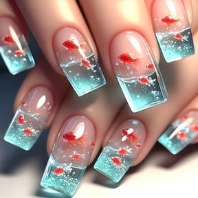 RAGUPEL Square Press on Nails Medium Length Artificial Acrylic Fake Nail Gold Fish with Bubbles Pattern Design Blue French Glossy Stick on Nail Full Cover Reusable Press Ons Coffin False Nail