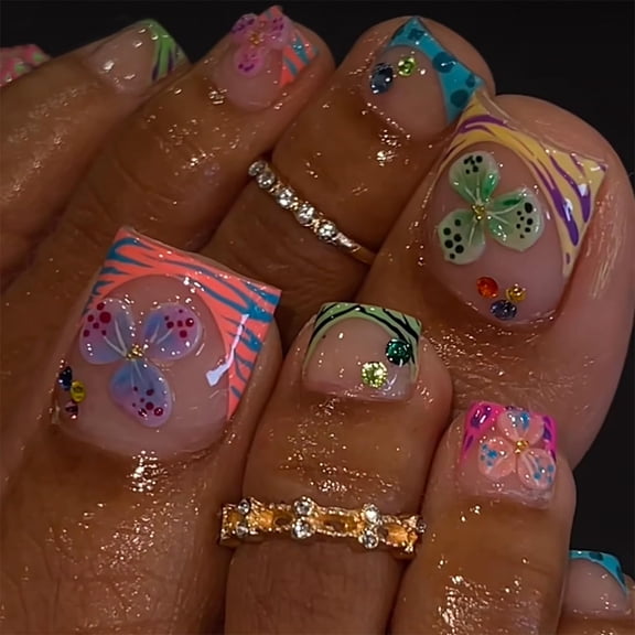 RAGUPEL Square Press on Toenails Short Fake Toe Nails French Tip Colorful False Toe Nails with 3D Flowers Designs Acrylic Spring Summer Toenails Press Ons Full Cover Stick on Nails for Women Girls