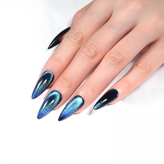 RAGUPEL Stiletto Press on Nails-Deep Space Blue Long Fake Nails | Cat Eye&Velvet Effect Design Handmade Nails | Glitter,Gradient Color,Iridescent Acrylic Nails
