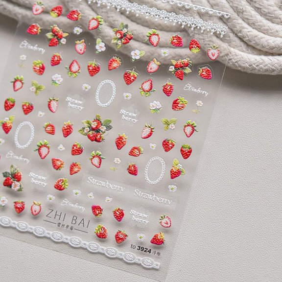 RAGUPEL Strawberry Nail Art Stickers Decals 5D Embossed Strawberry Nail Stickers 1Pcs Cute Strawberries Flower Summer Naildesign Self-Adhesive Nail Decals Fruit Manicure Sliders for Women Diy Nail