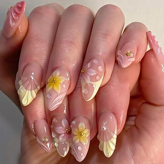RAGUPEL Summer Butter Yellow Press on Nails Medium Almond Fake Nails with 3D Frangipani Floral Designs,Glossy Thick Pastel Yellow French Spring Nail Press Ons Full Cover Stick on Nails for Women