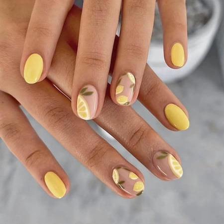 24 Pcs Summer Lemon Press on Nails, Short Oval Yellow False Nails, Glossy Stick on Nails