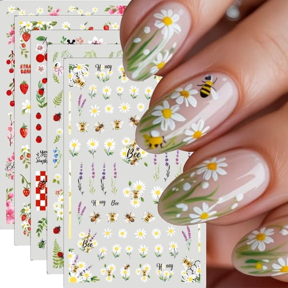 RAGUPEL Summer Nail Stickers Bee Ladybug Fruit Nail Art Stickers Flower Strawberry Nail Decals Self-Adhesive Butterfly Daisy Design Sticker Nail Decoration for Women Diy Manicure Accessories