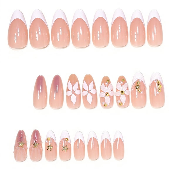 RAGUPEL Summer Nails Press on Nails with French Tip&3D Flower Design Beach False Nails for Women&Girls Vacation 24Pcs 3D Flower Design Summer Nails Press on