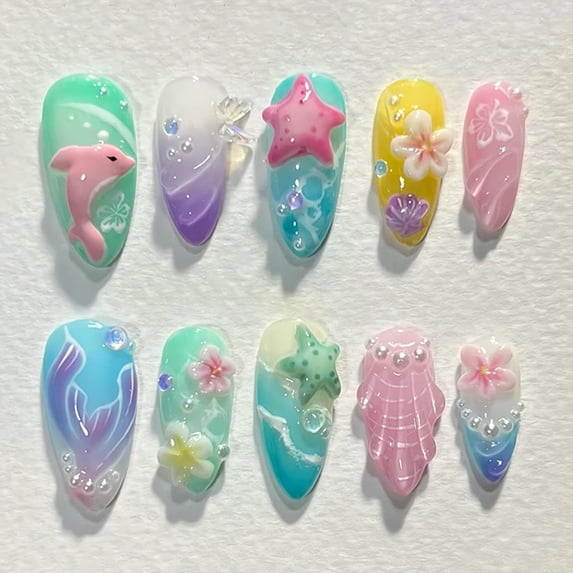 RAGUPEL Summer Press on Nails Almond Short Fake Nails with Cute Dolphin Mermaid Designs 3D Flower Starfish False Nails Colorful Summer Sea Theme Stick on Nails Acrylic Nails for Beach Vacation