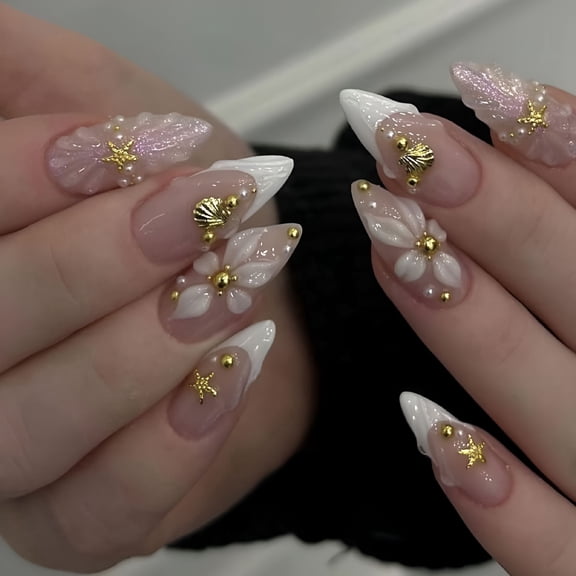 RAGUPEL Summer Press on Nails Medium Almond Fake Nails Beach Nails Press Ons with Gold Seashell Starfish Charms Design,Reusable&Easy Apply Full Cover Stick on Nails for Women Vacation Manicure 24Pcs
