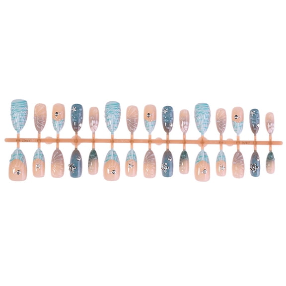 RAGUPEL Summer Press on Nails Medium Almond Fake Nails Blue Sea French False Nails Press Ons Ocean Shell Acrylic Nails with Starfish Designs Glue on Nail for Women Girls Beach Manicure Deco 24Pcs