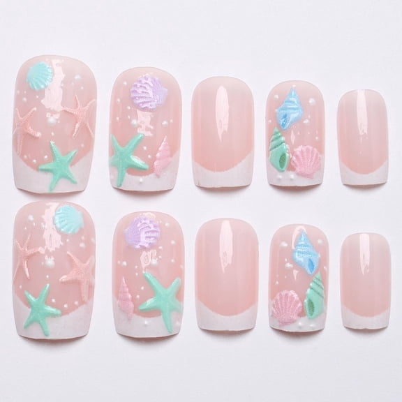 RAGUPEL Summer Press on Nails Short Square Beach Nails Press on Fake Nails with Starfish Shell Designs French False Nails Gel Artificial Acrylic Nail Cute Fingernails Full Cover Stick on Nails 24Pcs