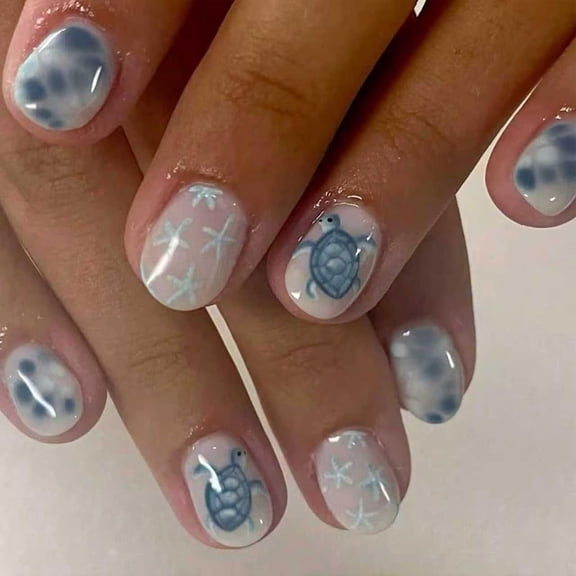 RAGUPEL Summer Press on Nails-Short Square White Blue Fake Nails with Starfish&Turtle Design Finished Reusable False Nails with Glue Tabs-24Pcs Nail Kit for Women Manicure