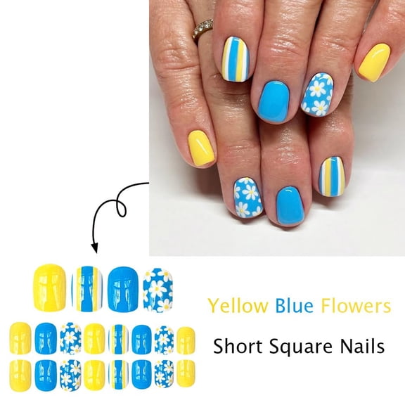 RAGUPEL Summer Press on Nails Spring Short Square Fake Nails with Yellow Blue Desige Flower False Nails Press Ons Glossy Full Cover Glue on Nails Spring Summer Daisy Stcik on Nails for Wommen