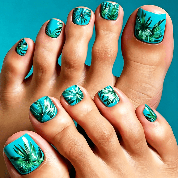 RAGUPEL Summer Press on Toenails Short Square Fake Toe Nails with Coconut Tree Leaves Design Glossy Blue Glue on Toe Nails Green Leaf False Toenails Full Cover Acrylic Toenails for Women