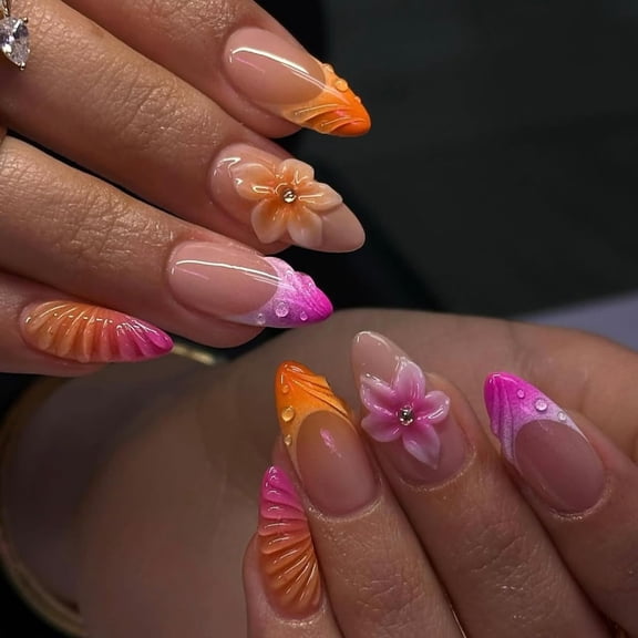RAGUPEL Summer Press on Nails - 3D French Tip with Flowers & Shell Design on Medium Almond Glossy Nails,Full Cover 24Pcs Summer Press on Nails