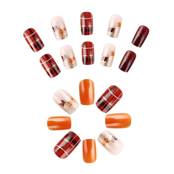 RAGUPEL 2026 New Thanksgiving Fall Press on Nails Medium Square False Nails Maple Leaf Orange Glitters Strips Acrylic Nails Stick on Nail for Party,Holiday,Daily Wear