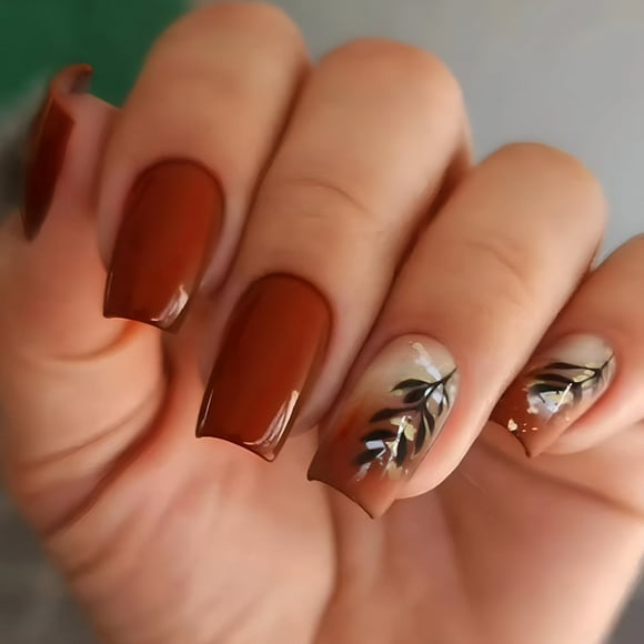 RAGUPEL Thanksgiving Press on Nails Medium Square Fake Nails Glossy Glue on Nails Red Brown Acrylic Nails Gradient False Nails with Leaves Foil Fall Artificial Stick on Nails for Women 24Pcs