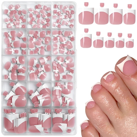 RAGUPEL Toe Nail Press Ons-150Pcs Press on Toenails for Women,French Tip Toe Press on Nails Fake Toe Nail Tips Square Fake Toenails in 15 Sizes Full Cover Acrylic Toenail with Adhesive Tabs