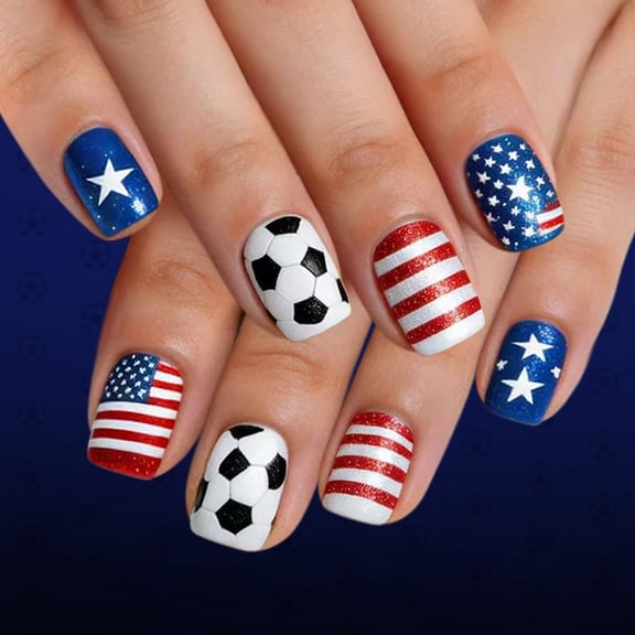 RAGUPEL Usa Soccer Fan Press on Nails Short Square - Patriotic Red White & Blue Glitter with Stripe & Flag & Star Design, Full Cover Glossy Fake Nails 24Pcs for Women