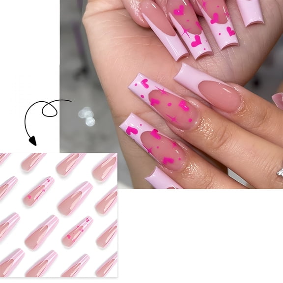 RAGUPEL Valentines Day Press On Nails 24Pcs Long Square Nails Full Cover Glue On Nails with Heart Star Design