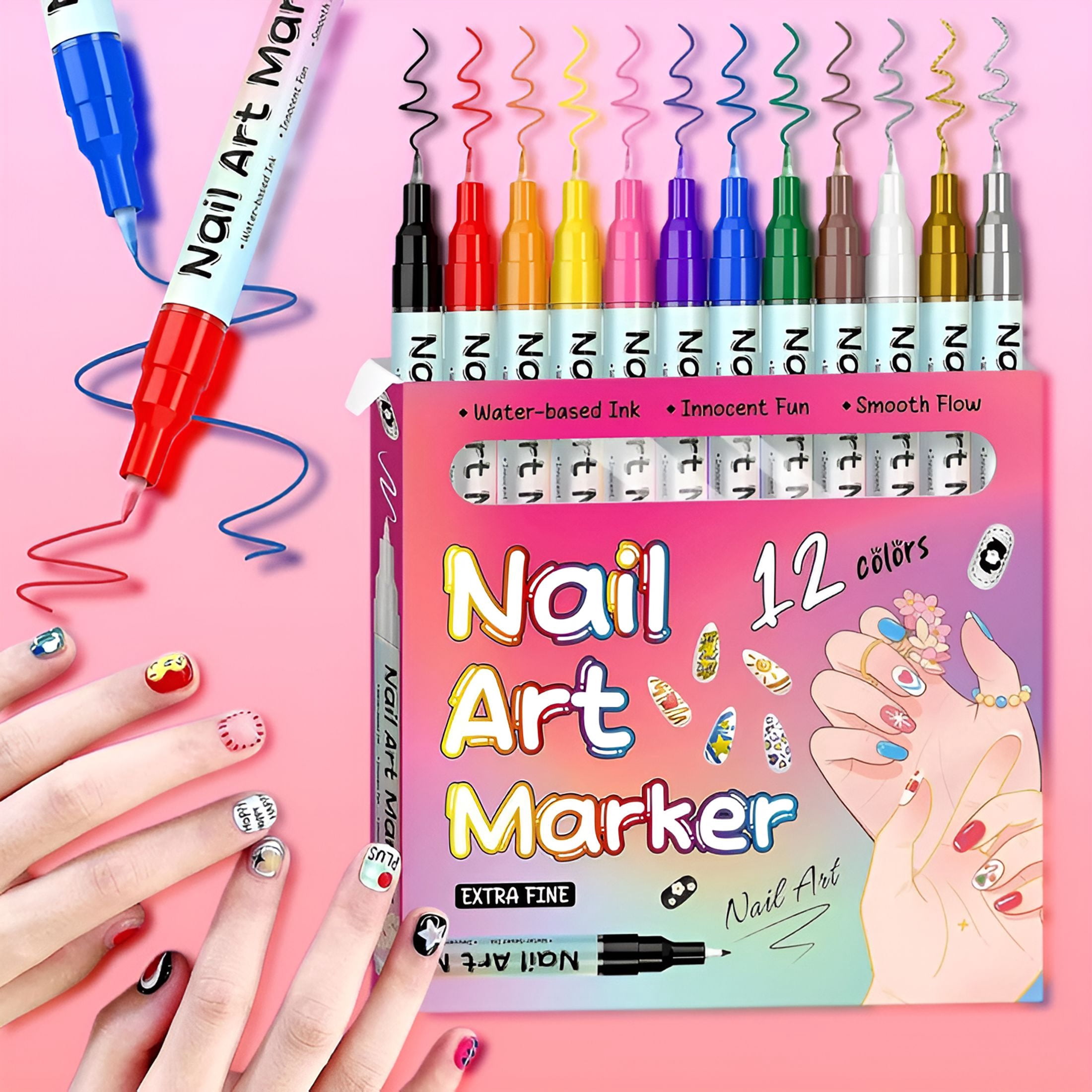 RAGUPEL Waterproof Nail Art Pen,12/24-Color Set with Fine Tip for Diy 3D Drawing,Quick-Drying Nail Polish Marker for Professional Manicure Tools 12Pc