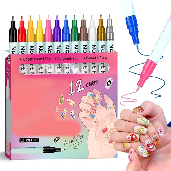 RAGUPEL Waterproof Quick-Dry Nail Art Pen Set, 0.5Mm Precision Tip, Diy Nail Drawing Liner Markers Nail Art Pens for Painting Nails (12 Color)