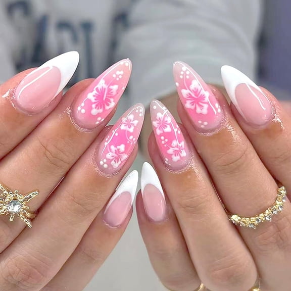 RAGUPEL White French Tip Press on Naillong Almond False Nailflower P"K Gradient Full Cover Glue on Nail White Floral Reusable Acrylic Fake Nailglossy Artificial Stick on Nail for Women